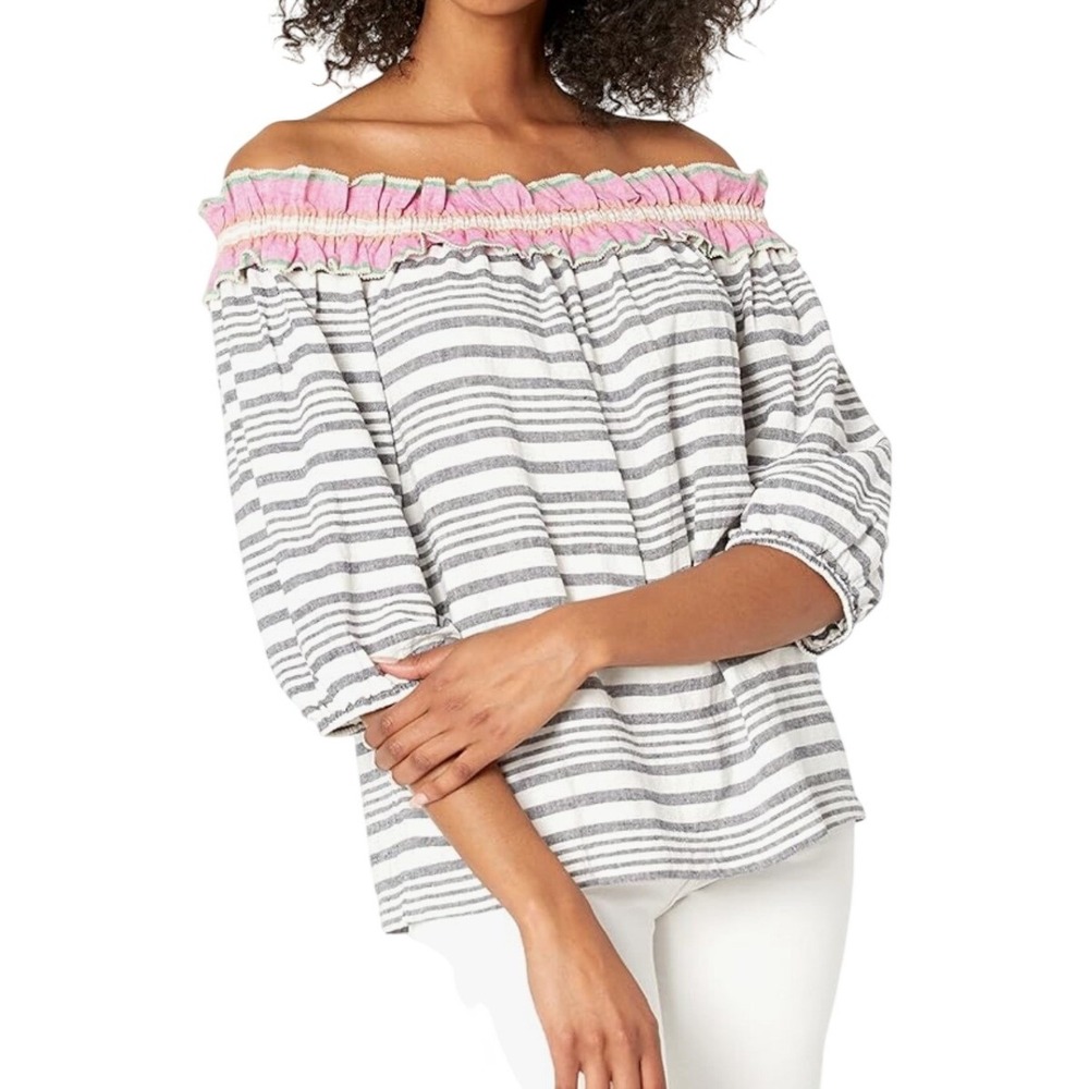 Trina Turk Off Shoulder Striped Linen Blouse Womens XLPineapple Top Grey Pink - Picture 2 of 8